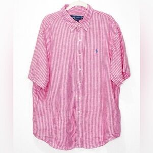 Ralph Lauren Classic Fit Button Down Linen Pink Striped Shirt Size XXL‎